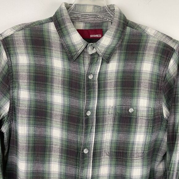 Gramicci Flannel Shirt Men M Purple Green Plaid Grunge Outdoor School Work FLAW - Picture 4 of 13